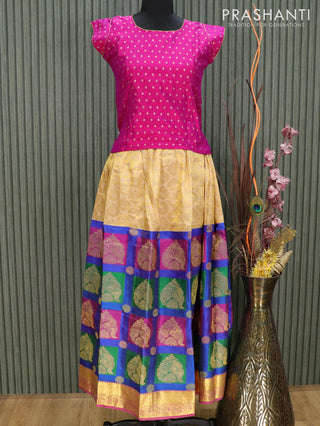 Silk kids lehenga magenta pink and multi colour with allover zari weaves and zari woven border for 12 years