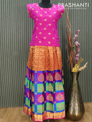Silk kids lehenga magenta pink and multi colour with brocade zari weaves and zari woven border for 15 years