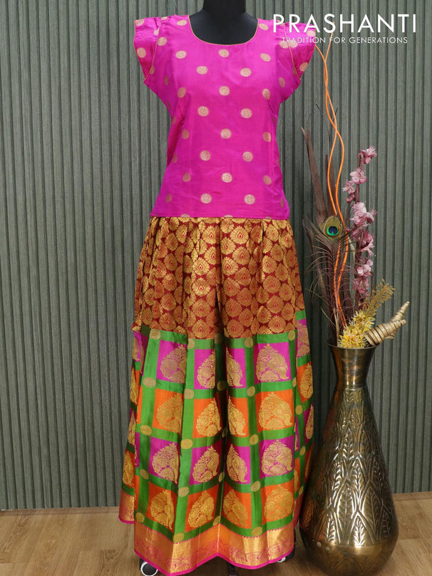 Silk kids lehenga magenta pink and multi colour with zari woven buttas and zari woven border for 14 years - {{ collection.title }} by Prashanti Sarees
