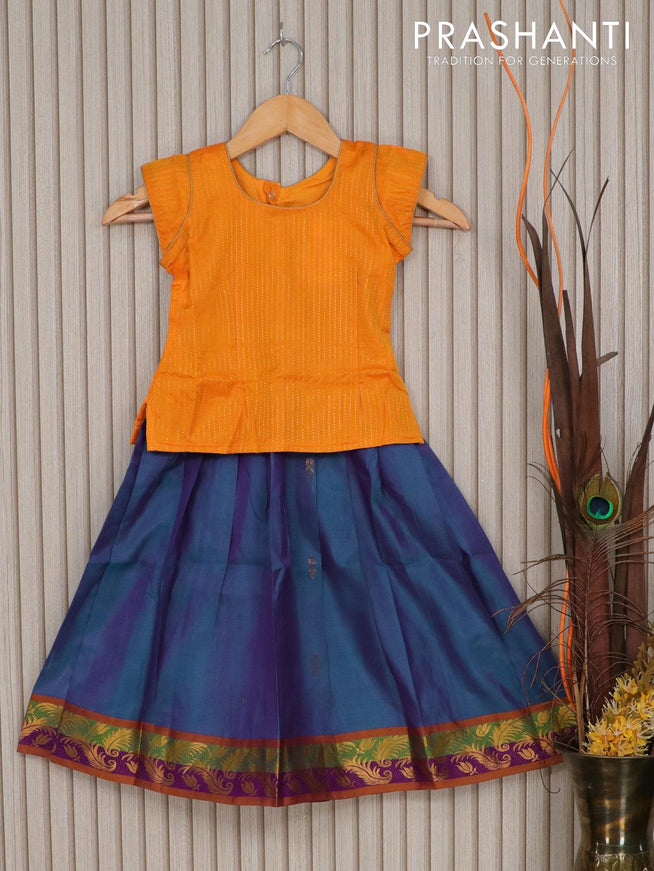 Silk kids lehenga mango yellow and dual shade of blue with allover zari weaves and zari woven border for 4 years - {{ collection.title }} by Prashanti Sarees
