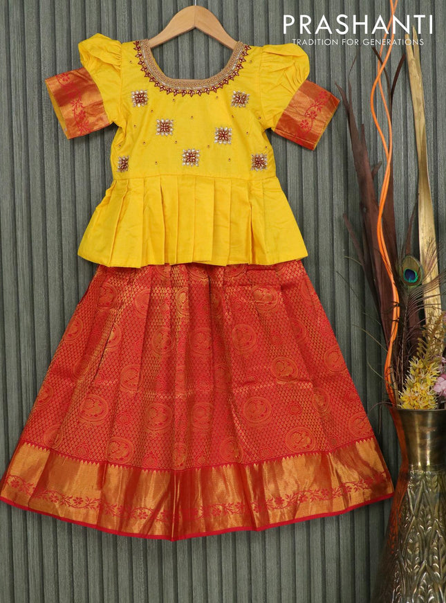 Silk kids lehenga mango yellow and red with embroidery work and zari woven border for 7 years - {{ collection.title }} by Prashanti Sarees