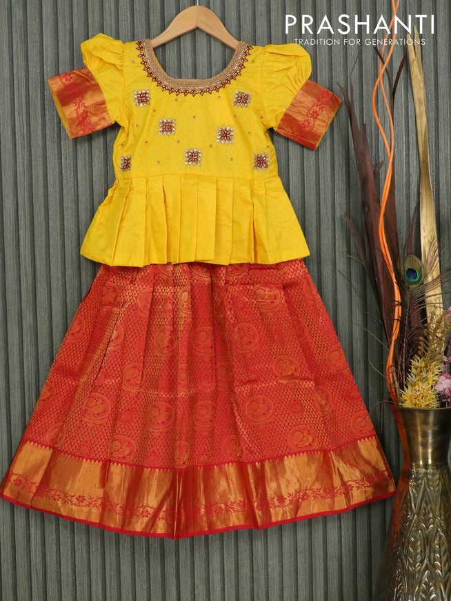 Silk kids lehenga mango yellow and red with embroidery work and zari woven border for 7 years - {{ collection.title }} by Prashanti Sarees