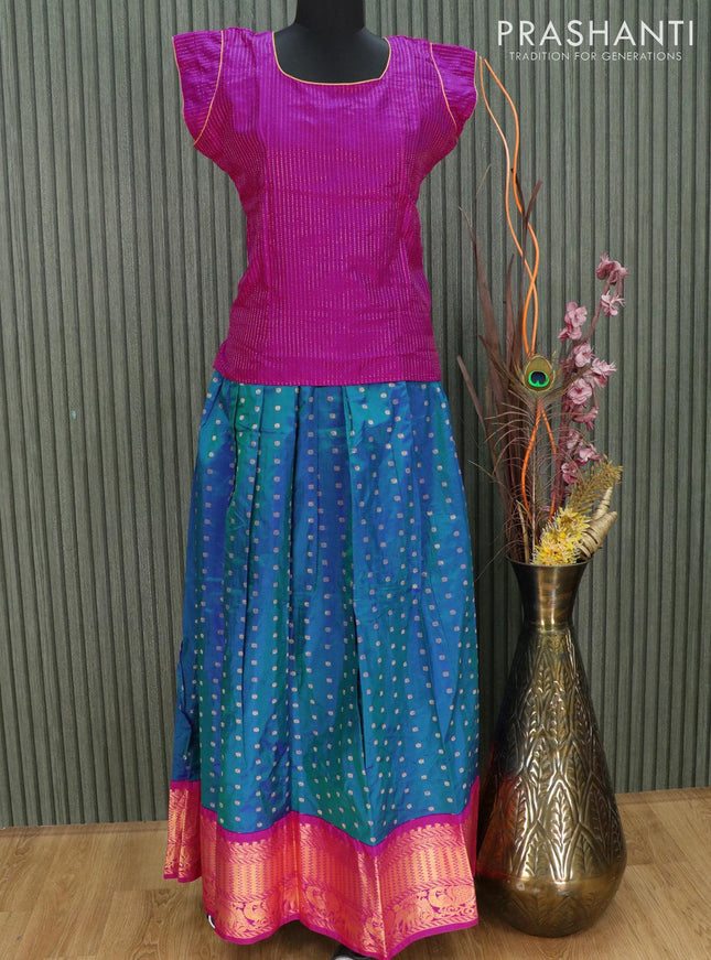 Silk kids lehenga pink and dual shade of blue with allover zari butta weaves and long zari woven border for 15 years - {{ collection.title }} by Prashanti Sarees