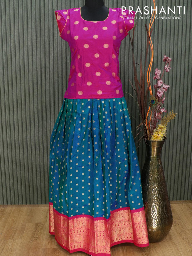 Silk kids lehenga pink and dual shade of blue with allover zari butta weaves and zari woven annam border for 14 years - {{ collection.title }} by Prashanti Sarees