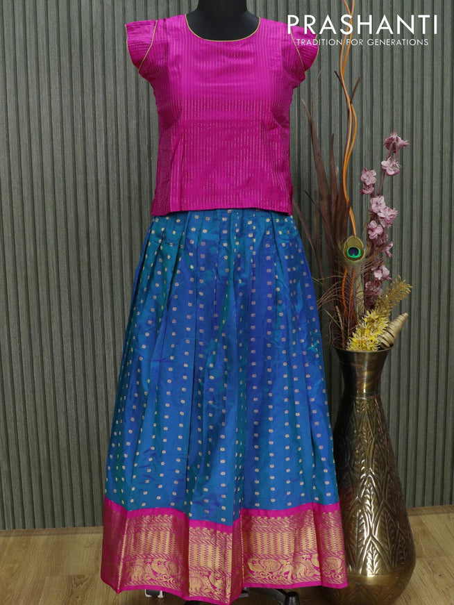 Silk kids lehenga pink and dual shade of blue with allover zari woven butta weaves and long zari woven border for 11 years - {{ collection.title }} by Prashanti Sarees