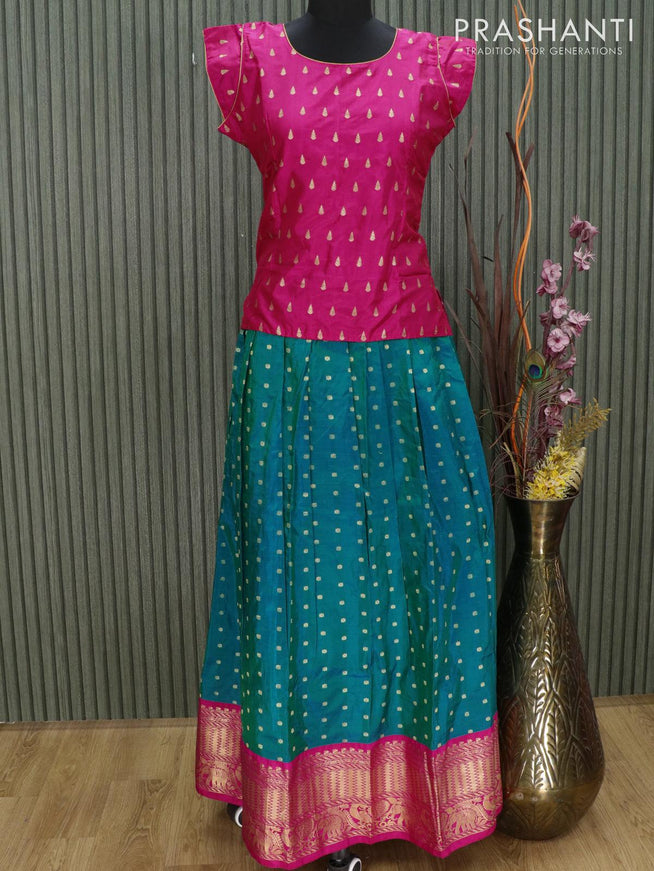 Silk kids lehenga pink and dual shade of blue with zari woven butta weaves and zari woven peacock border for 15 years - {{ collection.title }} by Prashanti Sarees