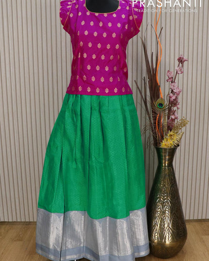 Silk kids lehenga pink and green grey with allover self emboss and long silver zari woven border for 14 years - {{ collection.title }} by Prashanti Sarees