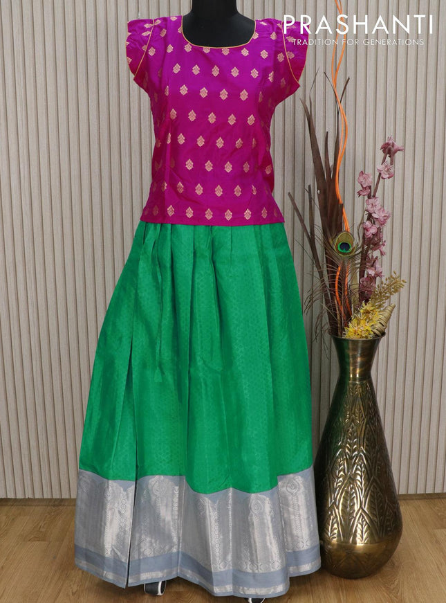 Silk kids lehenga pink and green grey with allover self emboss and long silver zari woven border for 14 years - {{ collection.title }} by Prashanti Sarees