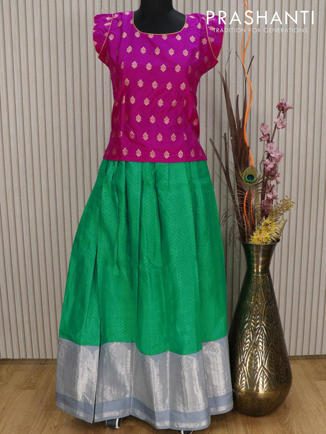 Silk kids lehenga pink and green grey with allover self emboss and long silver zari woven border for 14 years - {{ collection.title }} by Prashanti Sarees