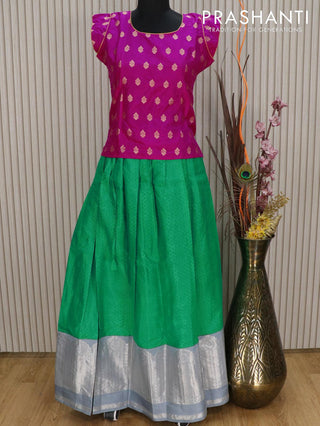 Silk kids lehenga pink and green grey with allover self emboss and long silver zari woven border for 14 years