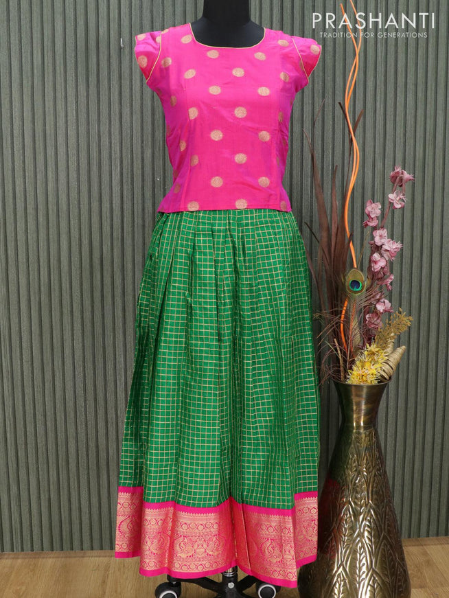 Silk kids lehenga pink and green with allover zari checked pattern and long zari woven border for 11 years - {{ collection.title }} by Prashanti Sarees