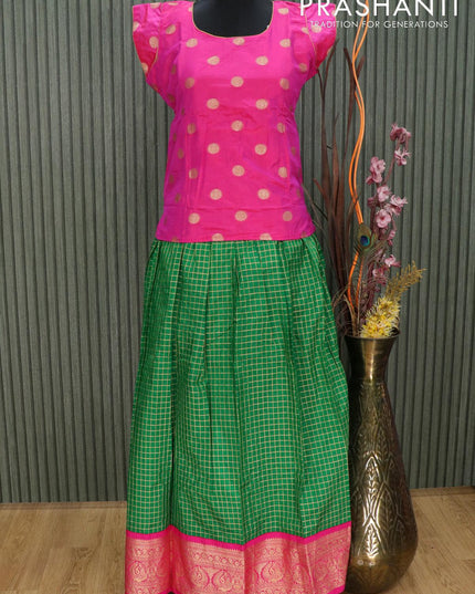 Silk kids lehenga pink and green with allover zari checked pattern and long zari woven peacock border for 15 years - {{ collection.title }} by Prashanti Sarees