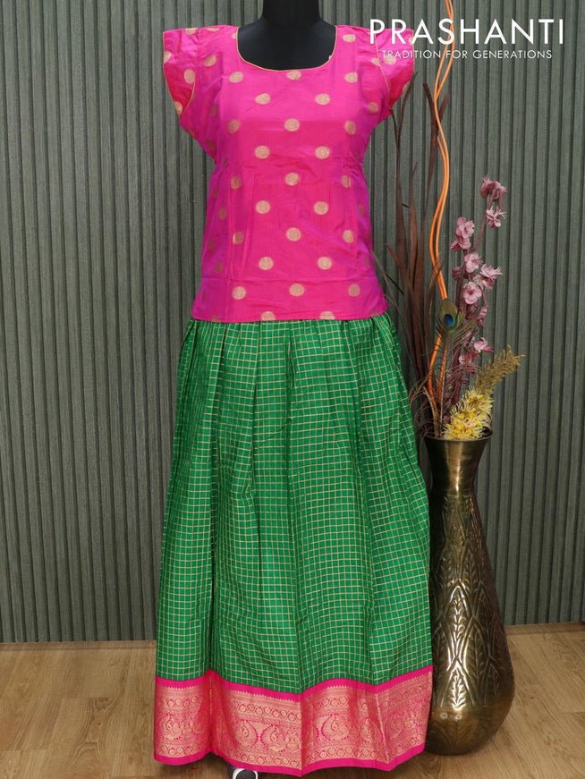 Silk kids lehenga pink and green with allover zari checked pattern and long zari woven peacock border for 15 years - {{ collection.title }} by Prashanti Sarees