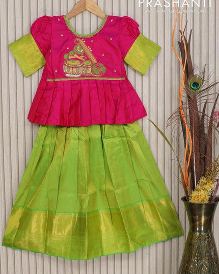 Silk kids lehenga pink and light green with zardosi aari work & zari weaves and long zari woven border for 7 years - {{ collection.title }} by Prashanti Sarees