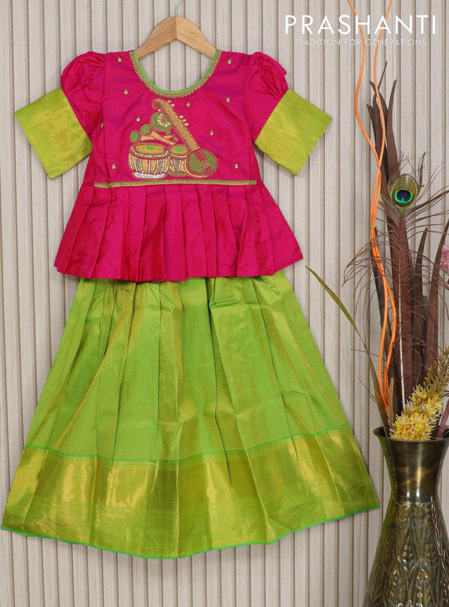 Silk kids lehenga pink and light green with zardosi aari work & zari weaves and long zari woven border for 7 years - {{ collection.title }} by Prashanti Sarees