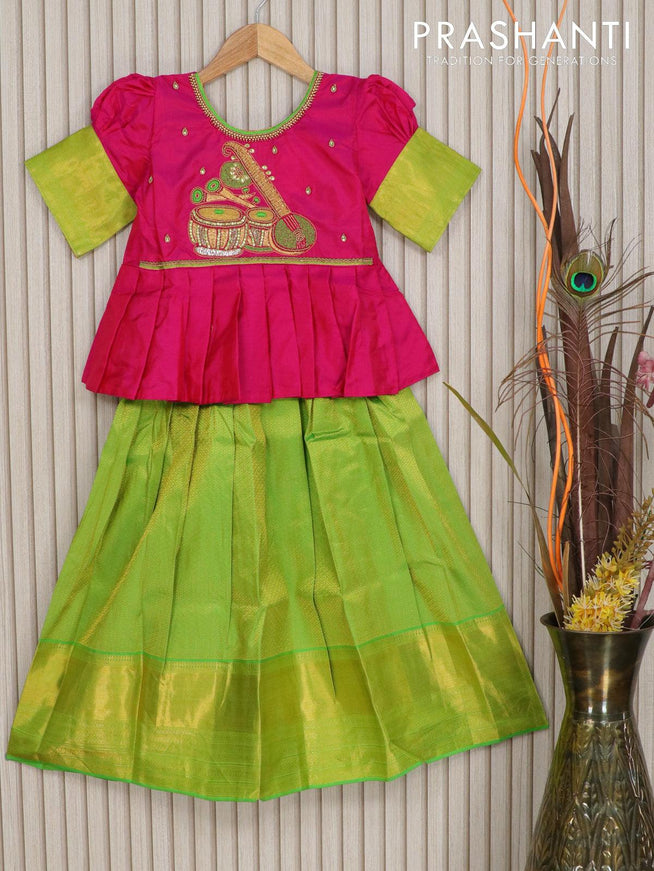 Silk kids lehenga pink and light green with zardosi aari work & zari weaves and long zari woven border for 7 years - {{ collection.title }} by Prashanti Sarees