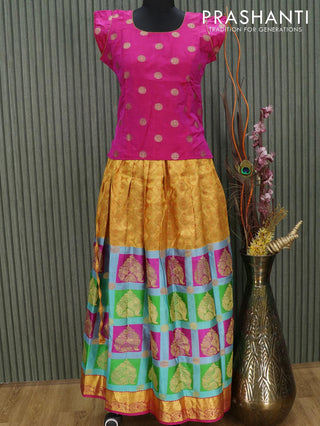 Silk kids lehenga pink and multi colour with zari woven buttas and zari woven border for 14 years