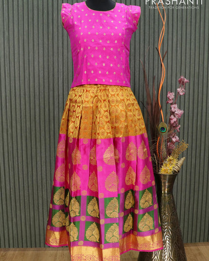 Silk kids lehenga pink and yellow shade with allover brocade zari weaves and zari woven border for 11 years - {{ collection.title }} by Prashanti Sarees