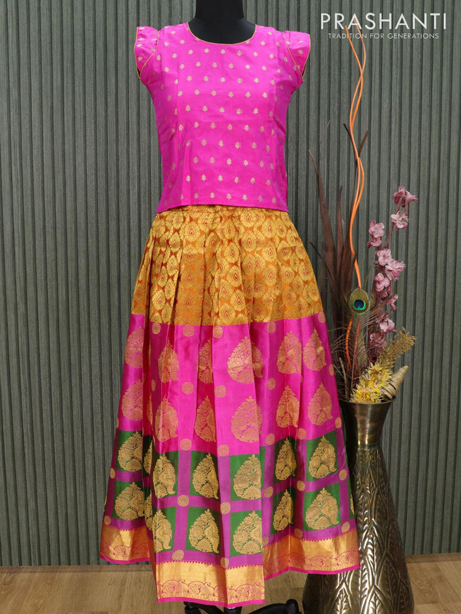Silk kids lehenga pink and yellow shade with allover brocade zari weaves and zari woven border for 11 years - {{ collection.title }} by Prashanti Sarees
