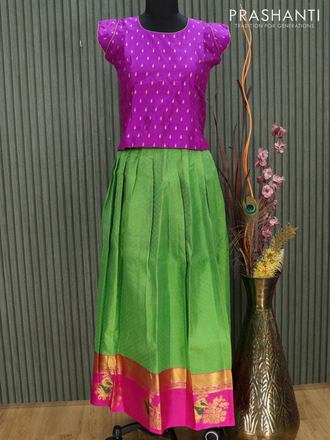Silk kids lehenga purple and light green with allover self emboss and zari woven butta border for 11 years - {{ collection.title }} by Prashanti Sarees