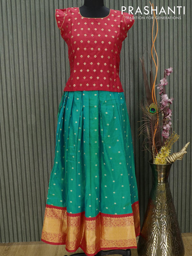 Silk kids lehenga red and dual shade of blue with zari woven buttas and long zari woven border for 12 years - {{ collection.title }} by Prashanti Sarees
