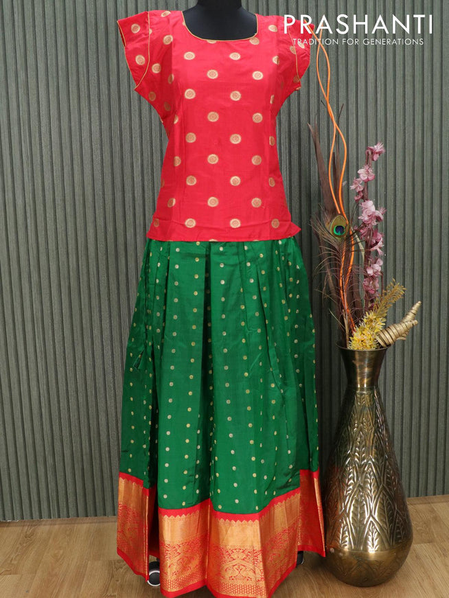 Silk kids lehenga red and green with allover zari butta weaves and long zari woven border for 16 years - {{ collection.title }} by Prashanti Sarees