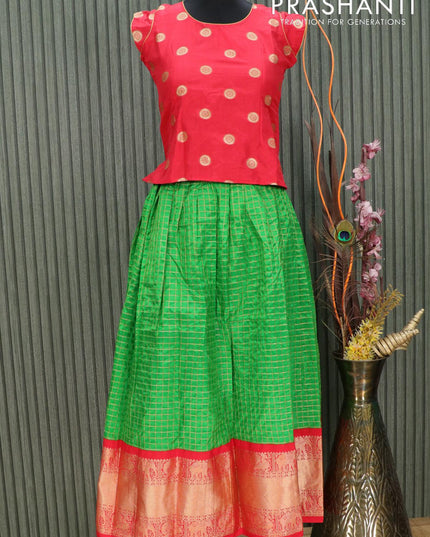 Silk kids lehenga red and green with allover zari checked pattern and long zari woven border for 11 years - {{ collection.title }} by Prashanti Sarees