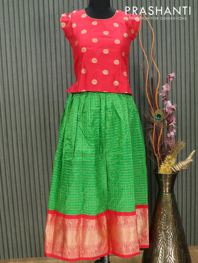 Silk kids lehenga red and green with allover zari checked pattern and long zari woven border for 11 years - {{ collection.title }} by Prashanti Sarees