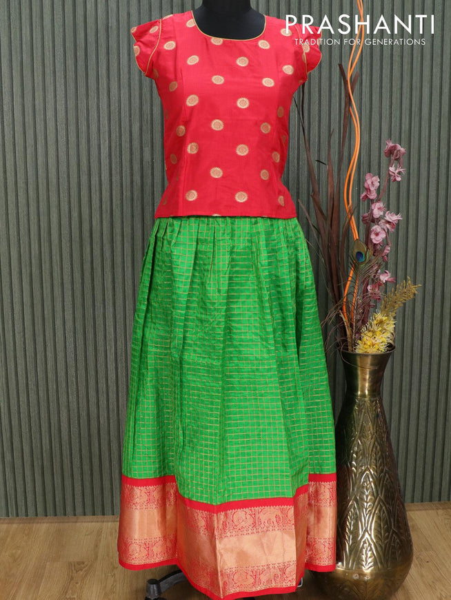 Silk kids lehenga red and green with allover zari checked pattern and long zari woven border for 12 years - {{ collection.title }} by Prashanti Sarees