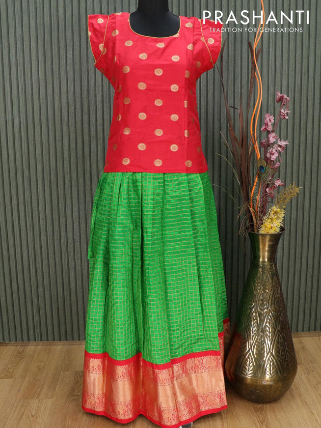 Silk kids lehenga red and green with allover zari checked pattern and long zari woven border for 15 years - {{ collection.title }} by Prashanti Sarees