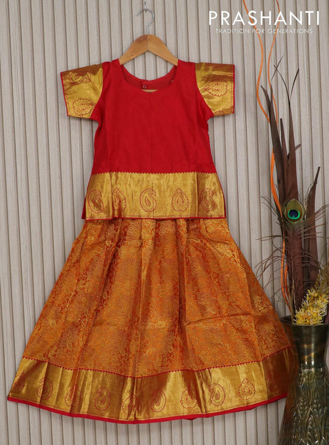 Silk kids lehenga red and mango yellow with allover brocade weaves and zari woven border for 7 years - {{ collection.title }} by Prashanti Sarees