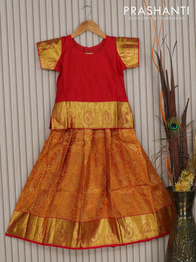 Silk kids lehenga red and mango yellow with allover brocade weaves and zari woven border for 7 years - {{ collection.title }} by Prashanti Sarees