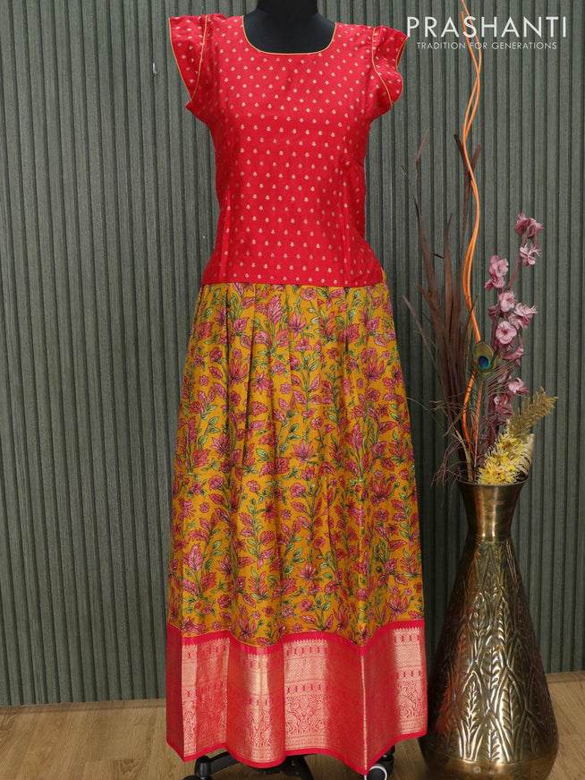 Silk kids lehenga red and mustard yellow with allover prints and zari woven border for 13 years - {{ collection.title }} by Prashanti Sarees