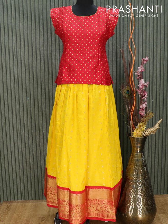 Silk kids lehenga red and yellow with allover zari butta weaves and long zari woven peacock border for 14 years - {{ collection.title }} by Prashanti Sarees