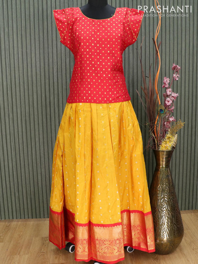 Silk kids lehenga red and yellow with zari woven butta weaves and long zari woven peacock border for 15 years - {{ collection.title }} by Prashanti Sarees