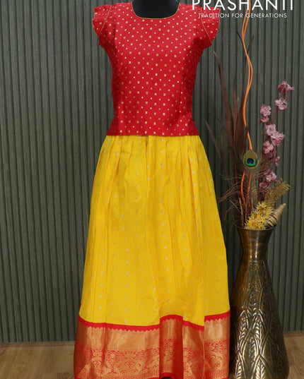Silk kids lehenga red and yellow with zari woven buttas and long zari woven border for 12 years - {{ collection.title }} by Prashanti Sarees
