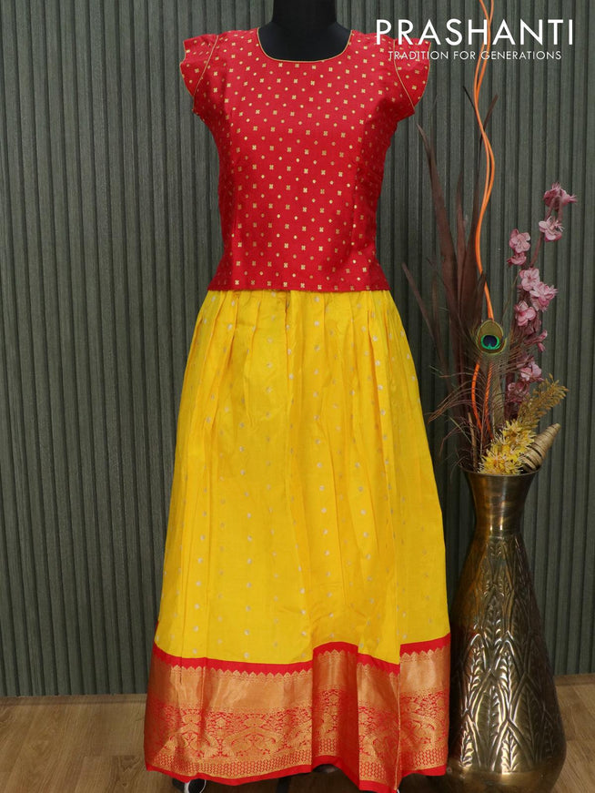 Silk kids lehenga red and yellow with zari woven buttas and long zari woven border for 12 years - {{ collection.title }} by Prashanti Sarees
