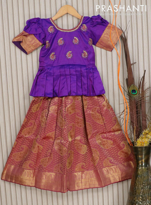 Silk kids lehenga violet and pastel maroon shade with zardosi aari work & zari weaves and zari woven border for 7 years - {{ collection.title }} by Prashanti Sarees
