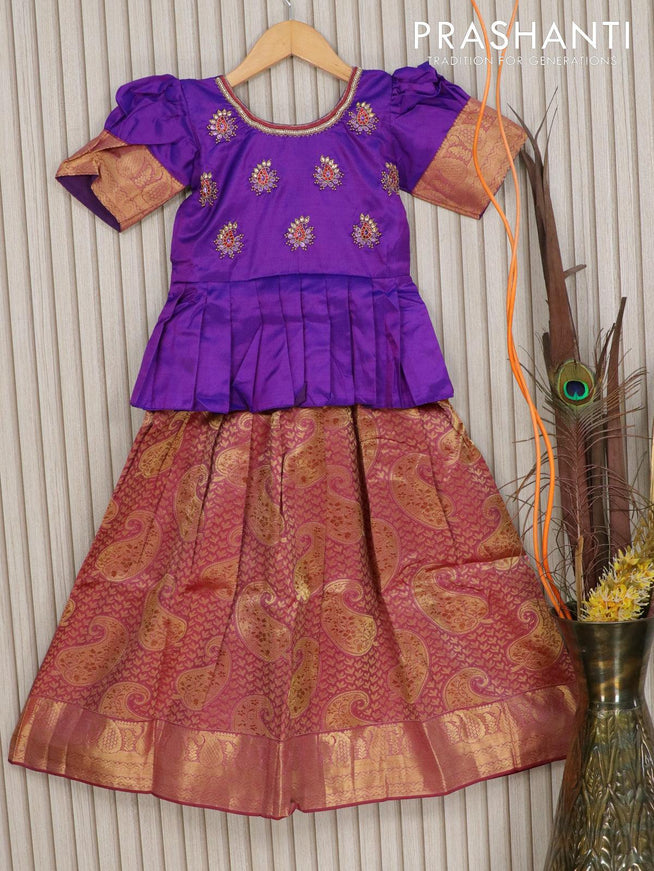 Silk kids lehenga violet and pastel maroon shade with zardosi aari work & zari weaves and zari woven border for 7 years - {{ collection.title }} by Prashanti Sarees
