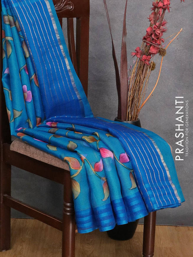 Silk kota saree cs blue with allover kalamkari prints and simple border - {{ collection.title }} by Prashanti Sarees