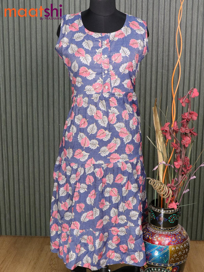 Slub cotton readymade umbrella kurti blue and pink with allover leaf prints without pant & Sleeve attached - {{ collection.title }} by Prashanti Sarees