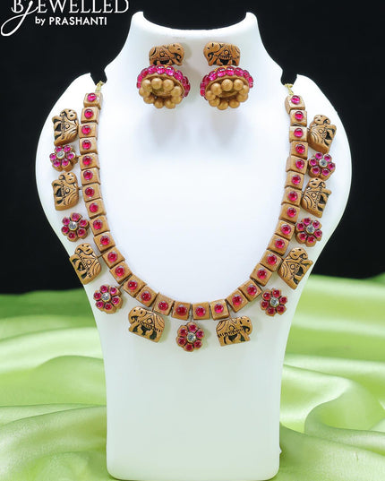Teracotta necklace elephant and floral design with kemp stone - {{ collection.title }} by Prashanti Sarees