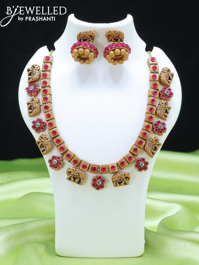 Teracotta necklace elephant and floral design with kemp stone - {{ collection.title }} by Prashanti Sarees