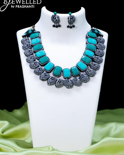 Teracotta turquoise blue and green double layer necklace with annam design - {{ collection.title }} by Prashanti Sarees