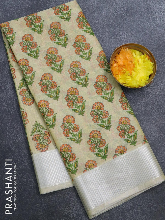 Tissue linen saree cream with allover floral butta prints and silver zari woven border - {{ collection.title }} by Prashanti Sarees