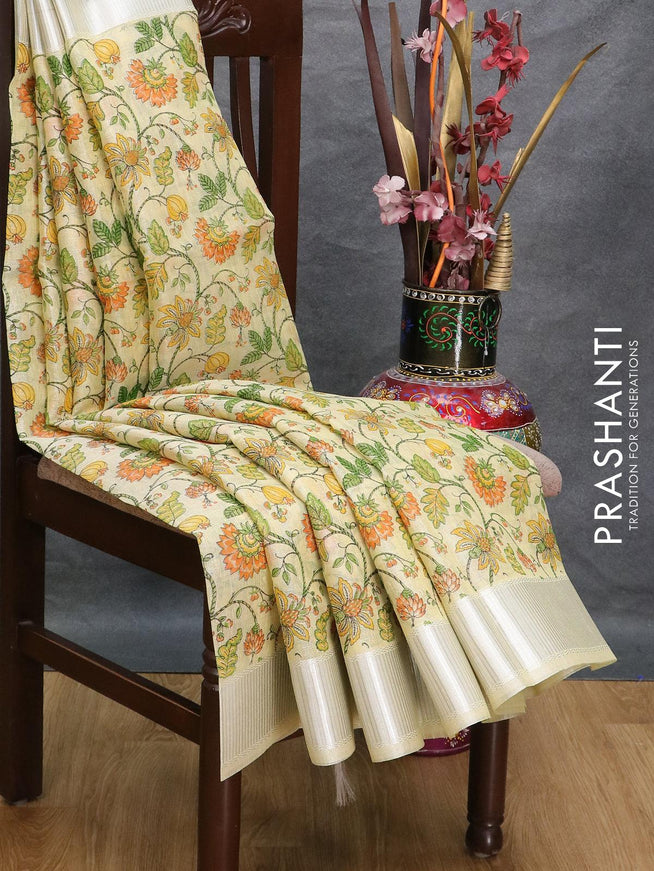 Tissue linen saree cream with allover prints and silver zari woven border - {{ collection.title }} by Prashanti Sarees