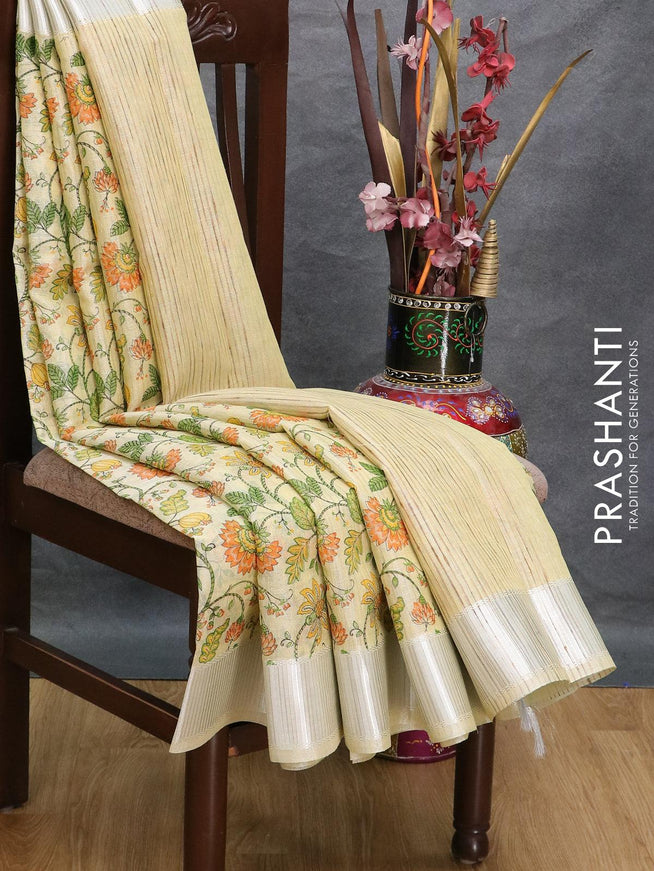 Tissue linen saree cream with allover prints and silver zari woven border - {{ collection.title }} by Prashanti Sarees