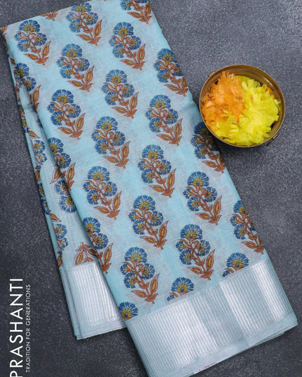 Tissue linen saree light blue with allover floral butta prints and silver zari woven border - {{ collection.title }} by Prashanti Sarees