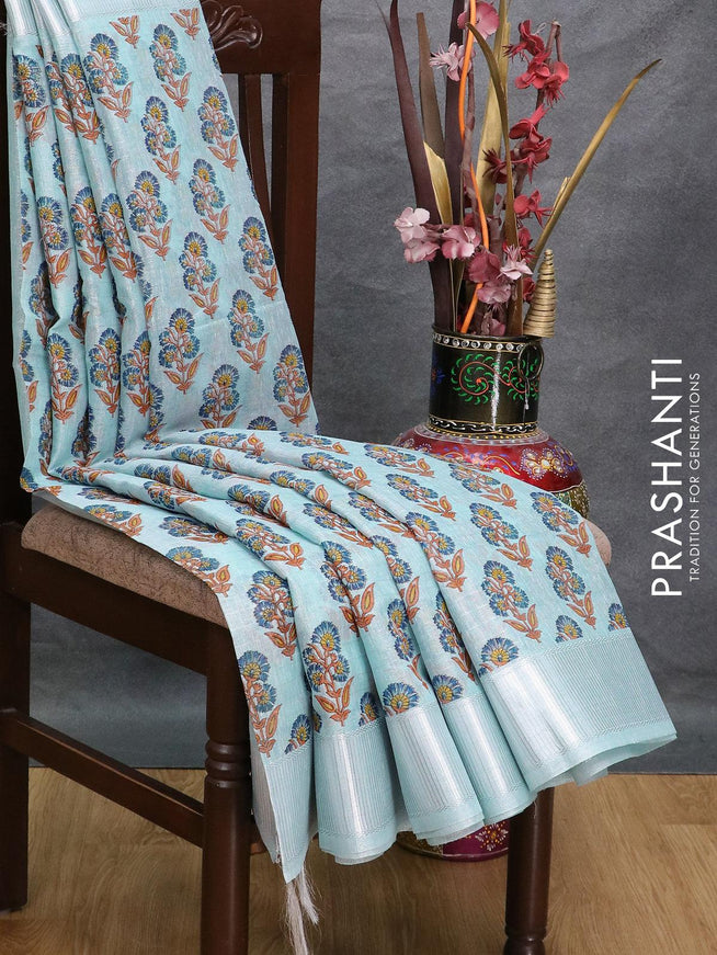 Tissue linen saree light blue with allover floral butta prints and silver zari woven border - {{ collection.title }} by Prashanti Sarees