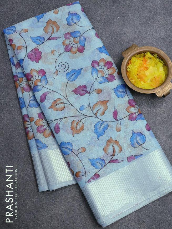 Tissue linen saree light blue with allover kalamkari prints and silver zari woven border - {{ collection.title }} by Prashanti Sarees
